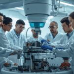 group of people repairing big medical equipment